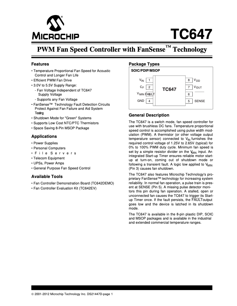 Page 1 de la notice Fiche technique Microchip TC647