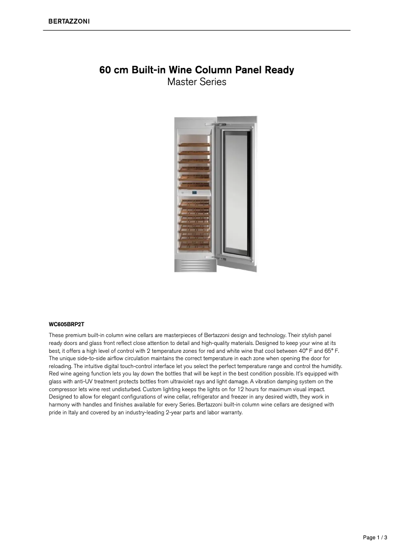 Page n°1 - Fiche technique Bertazzoni WC605BRP2T