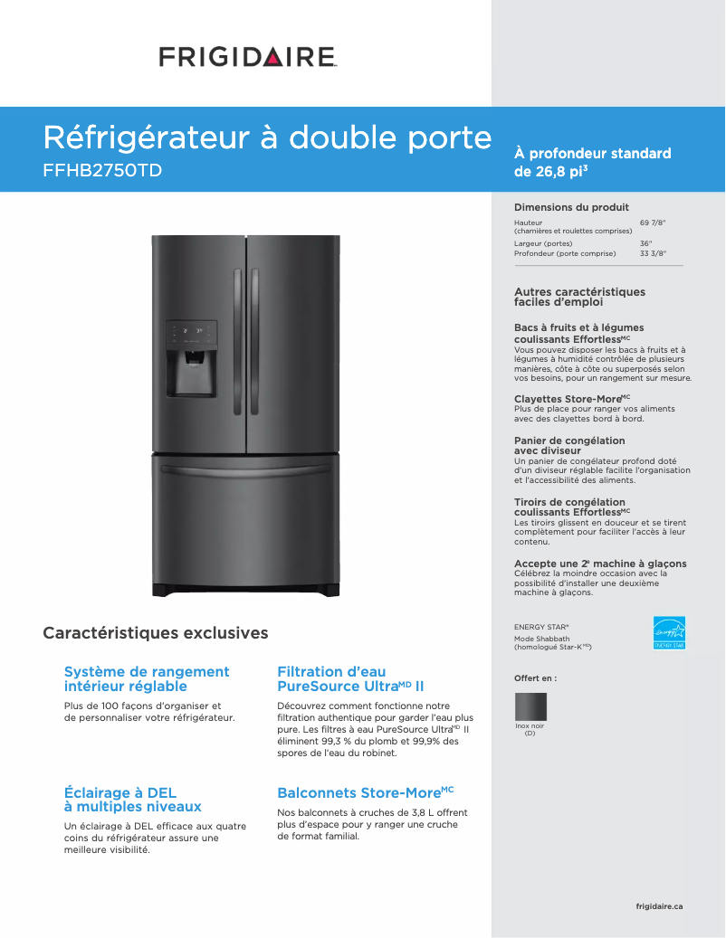 Page n°1 - Fiche technique Frigidaire FFHB2750TS