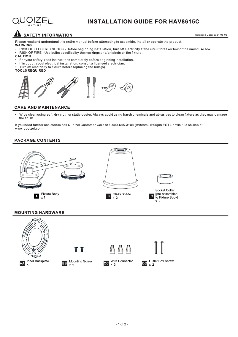 Page 1 de la notice Manuel utilisateur Quoizel Haverfield HAV8615C