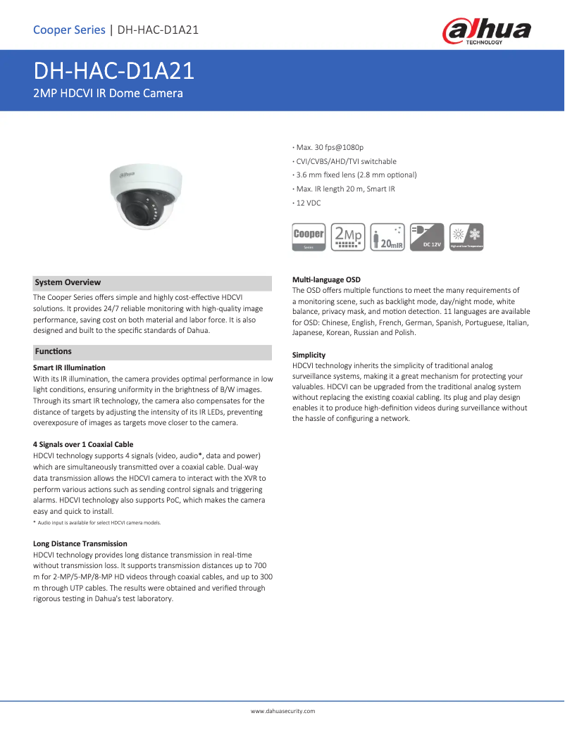 Page 1 de la notice Fiche technique Dahua Technology HAC-D1A21