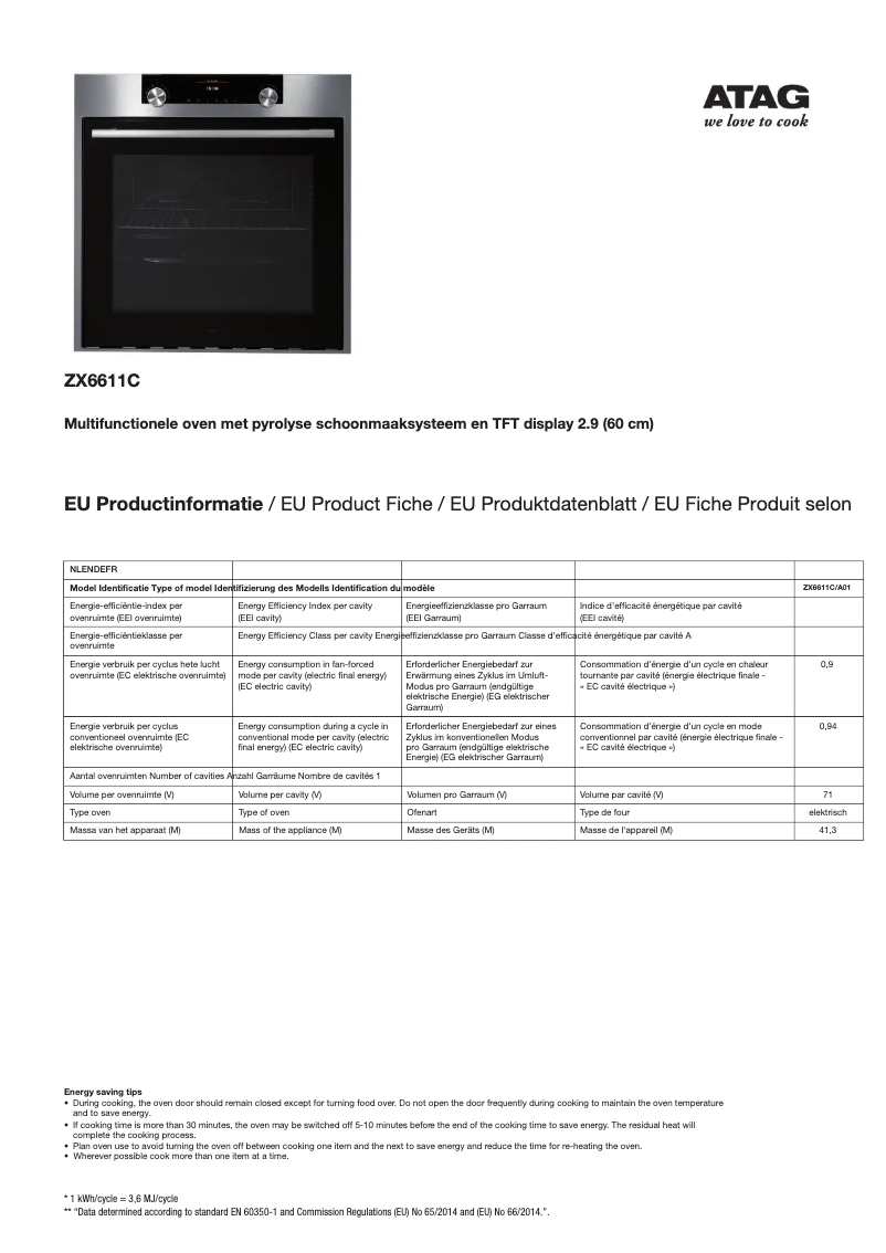 Page 1 de la notice Manuel utilisateur Atag ZX6611C