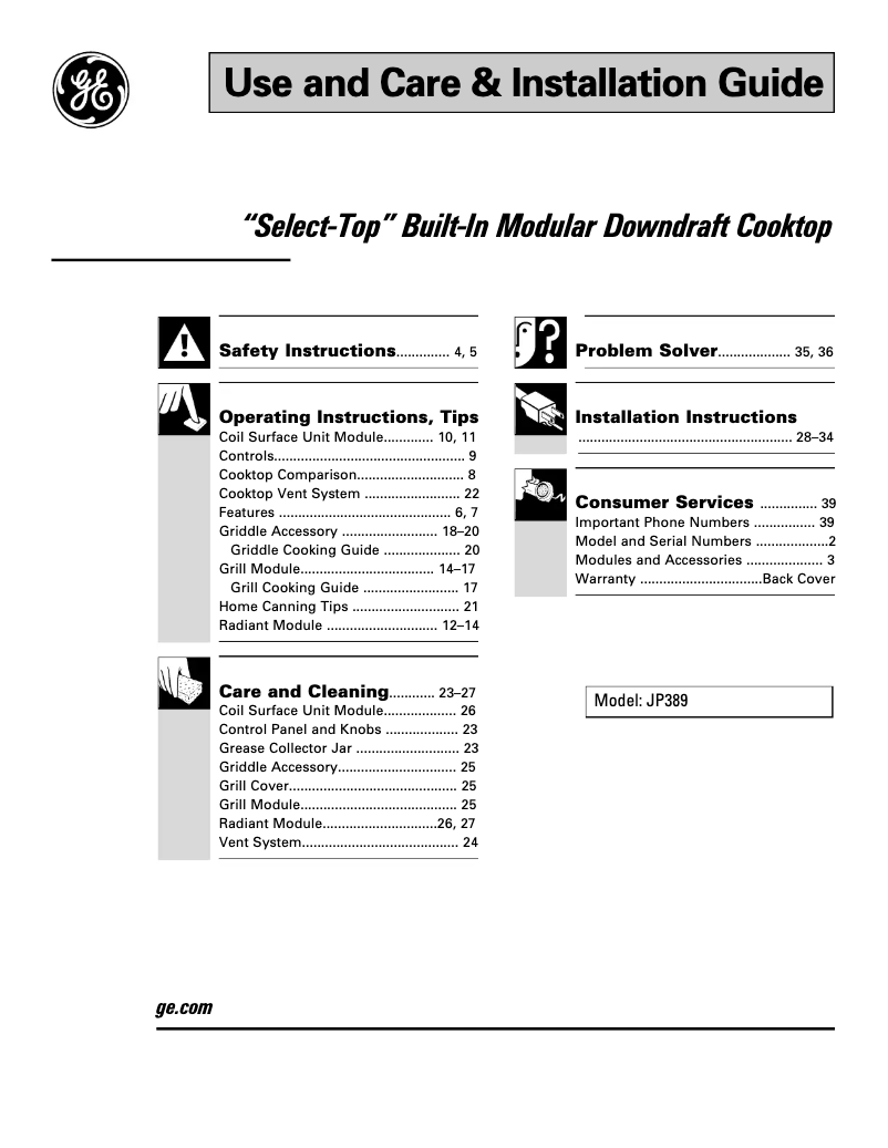 Page 1 de la notice Guide d'installation GE Select-Top JP389WJWW