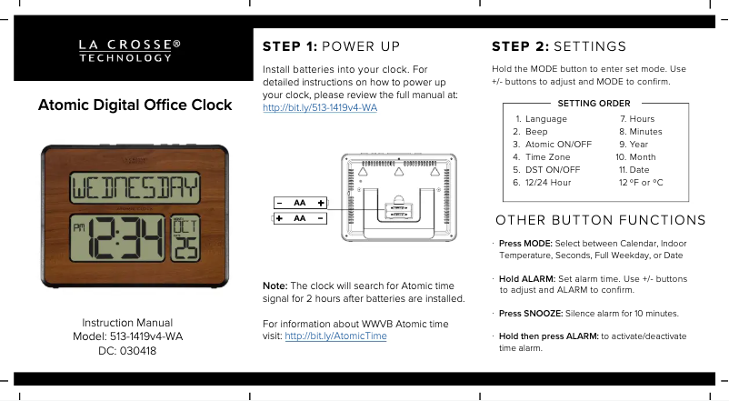 Page n°1 - Guide de démarrage rapide La Crosse Technology 513-1419-WAV4