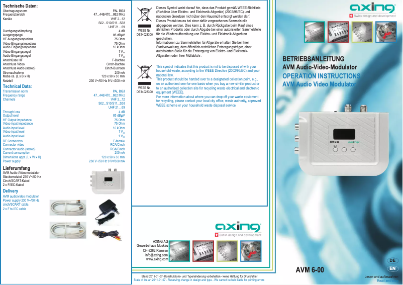 Page 1 de la notice Manuel utilisateur Axing AVM 6-00