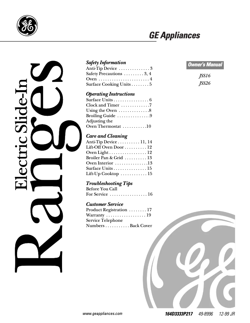 Page n°1 - Manuel d'utilisation et d'entretien GE JSS16PWAD