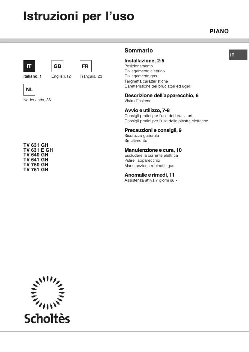 Página 1 del manual Manual de usuario Scholtès TV 640 GHBK