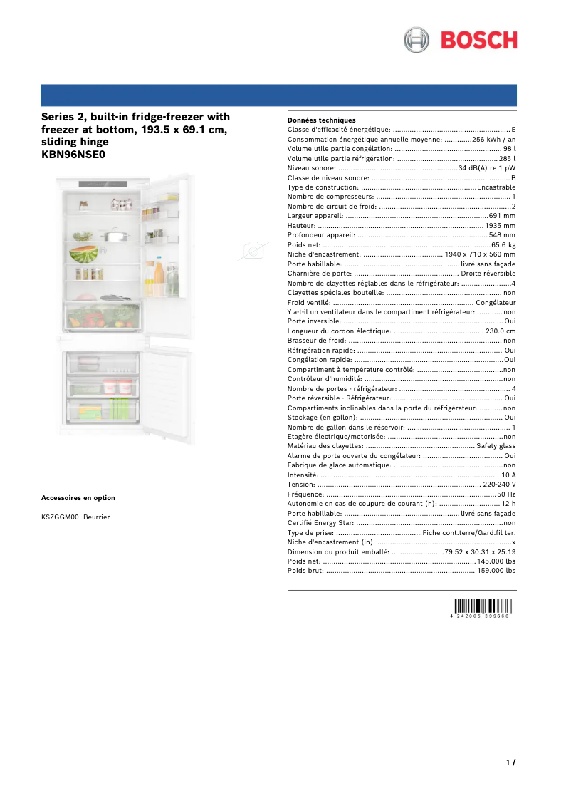 Página 1 del manual Ficha técnica Bosch KBN96NSE0