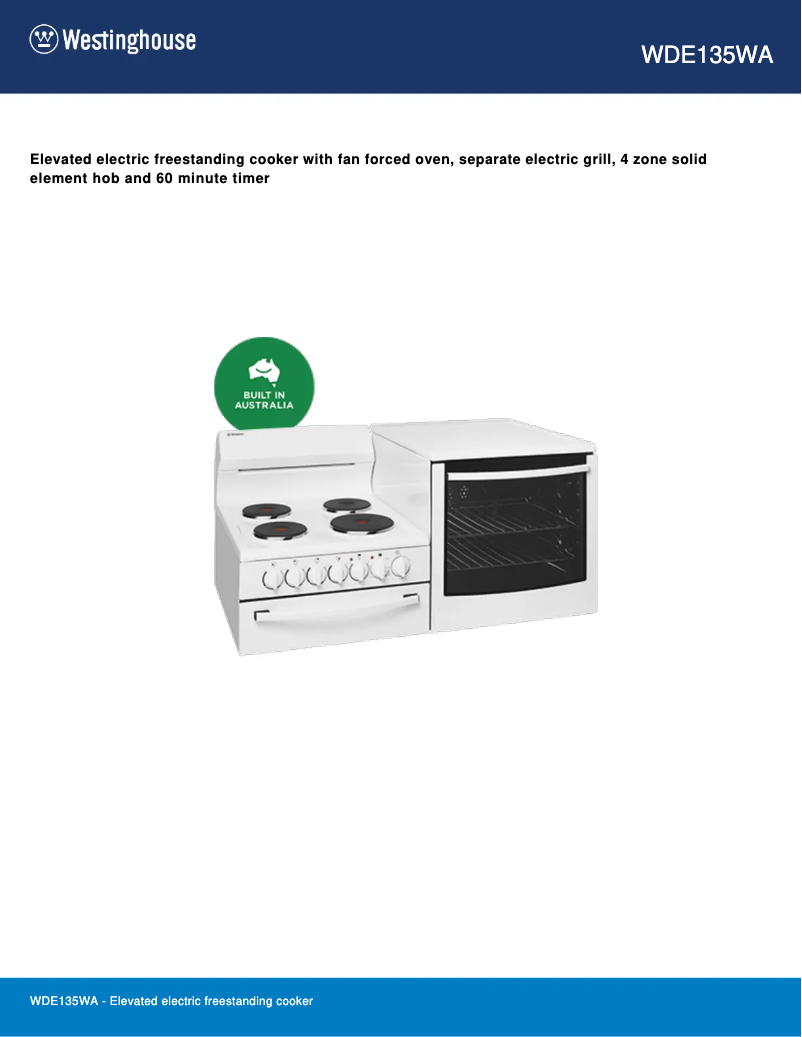 Page 1 of the manual Technical Sheet Westinghouse WDE135WA