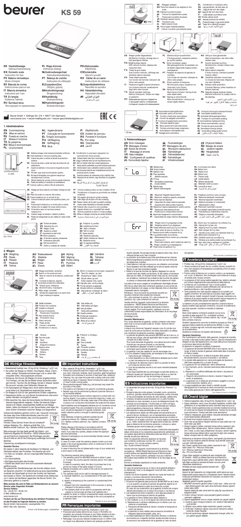 Page 1 de la notice Manuel utilisateur Beurer KS 59