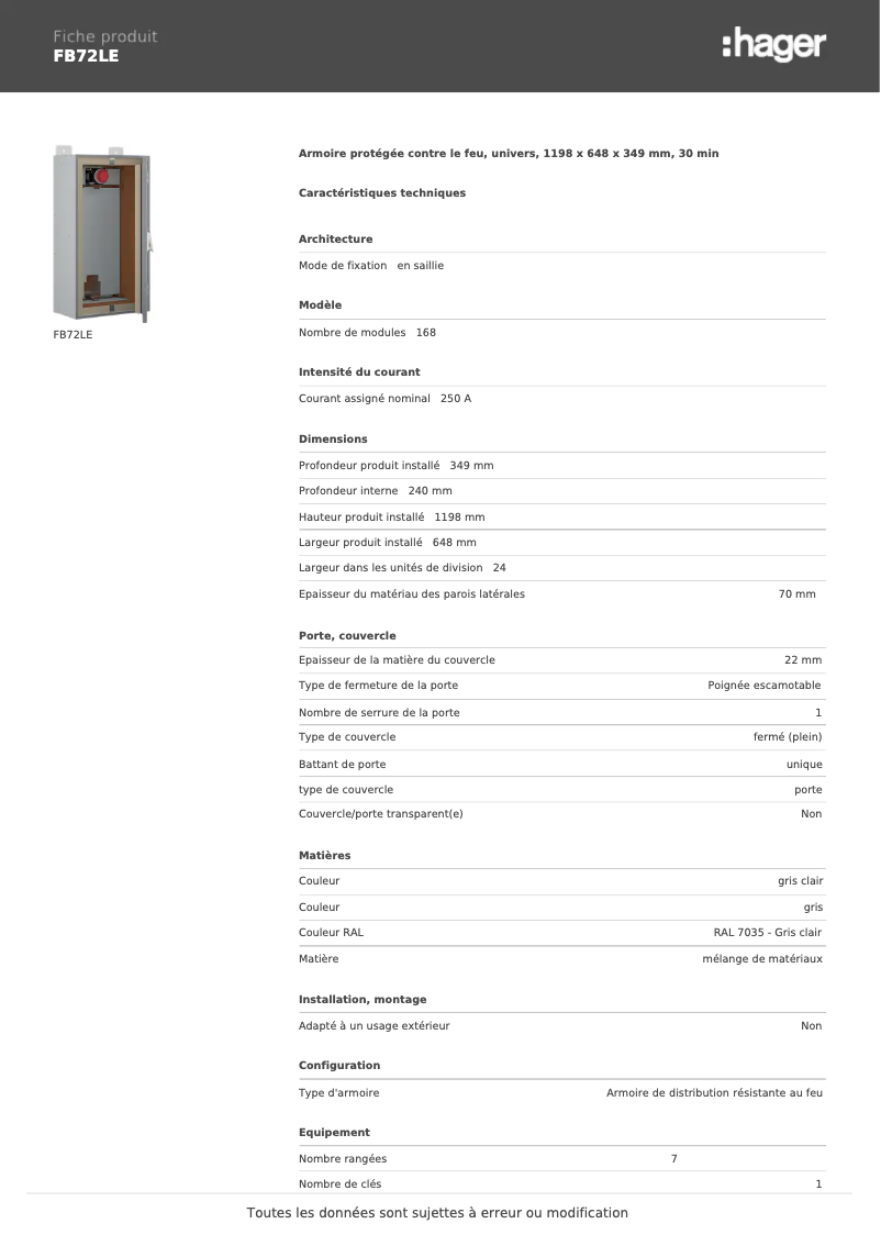 Page 1 de la notice Fiche technique Hager FB72LE