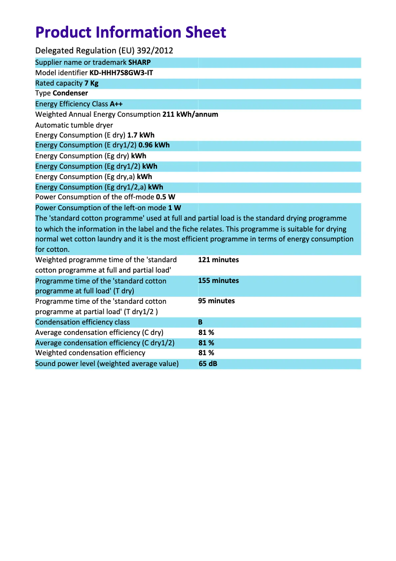 Page 1 de la notice Manuel utilisateur Sharp KD-HHH7S8GW3-IT