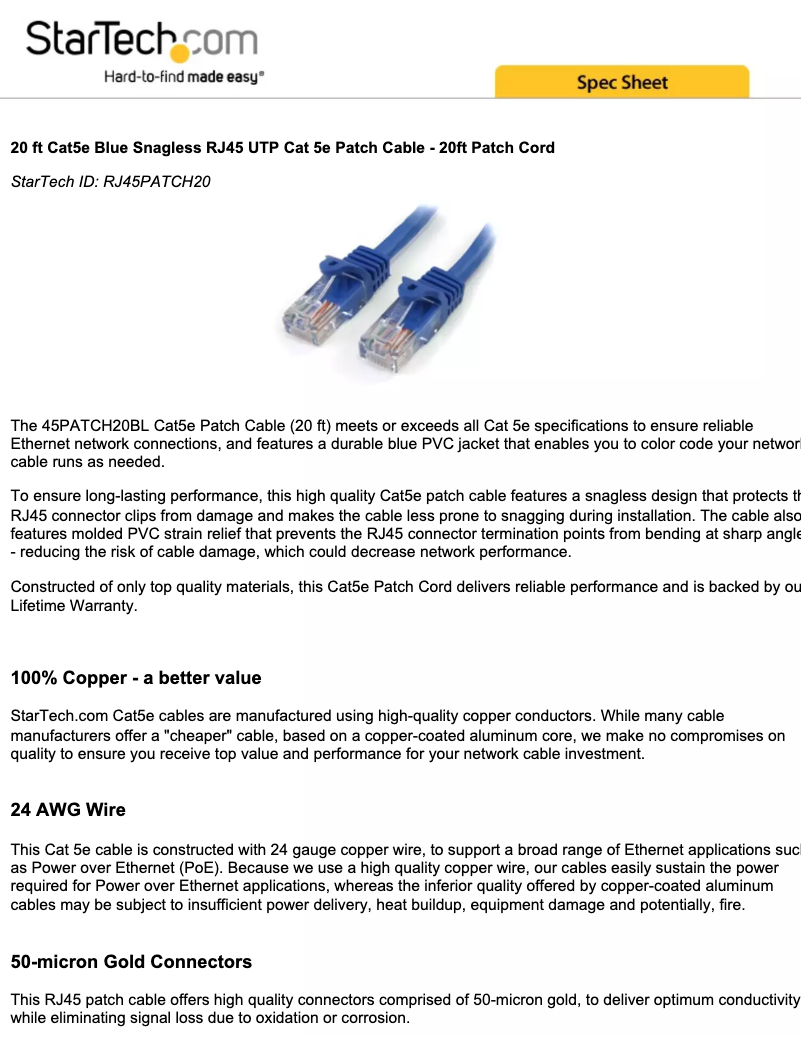 Page n°1 - Manuel utilisateur StarTech.com RJ45PATCH20