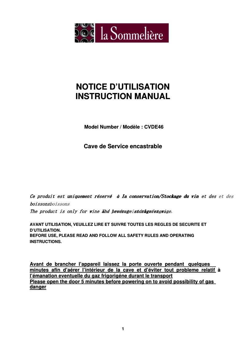 Página 1 del manual Manual de usuario La Sommelière CDE46