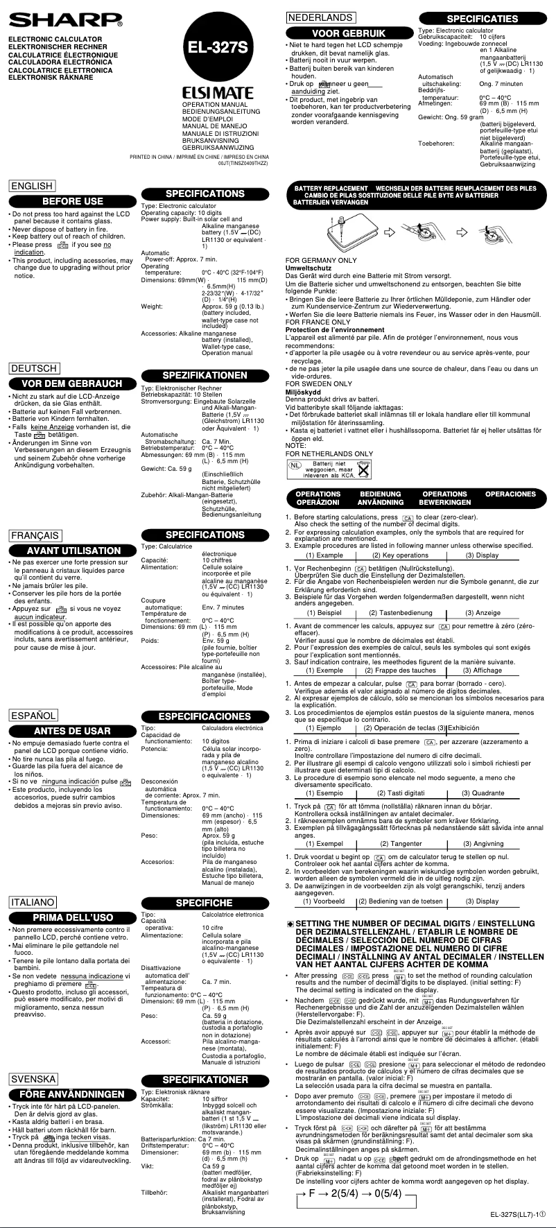 Page n°1 - Manuel utilisateur Sharp EL-327S