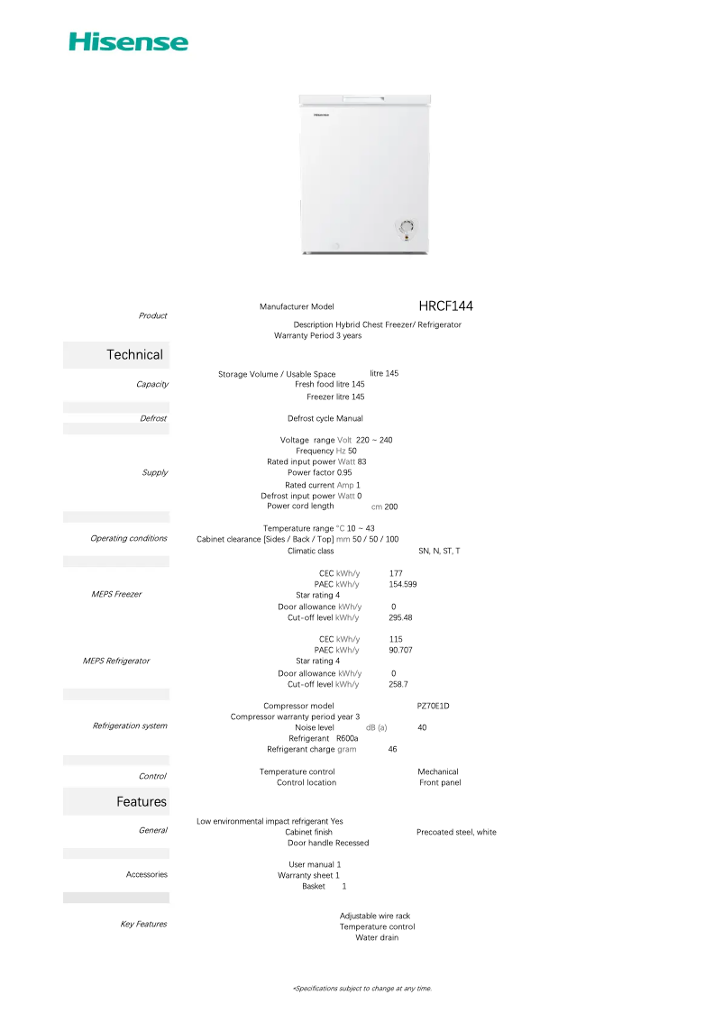 Página 1 del manual Ficha técnica Hisense HRCF144