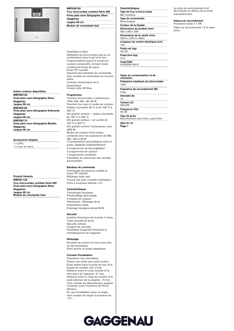 Página 1 del manual Ficha técnica Gaggenau BMP250130