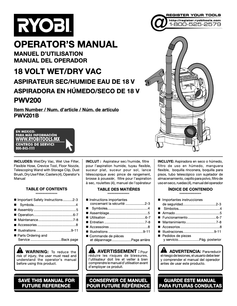 Page n°1 - Manuel utilisateur RYOBI PWV201B