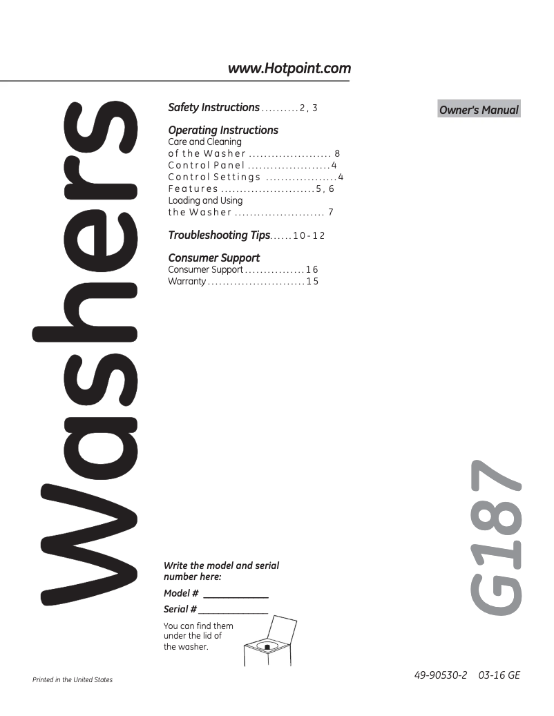 Page 1 de la notice Manuel d'utilisation et d'entretien Hotpoint HSWP1000MWW