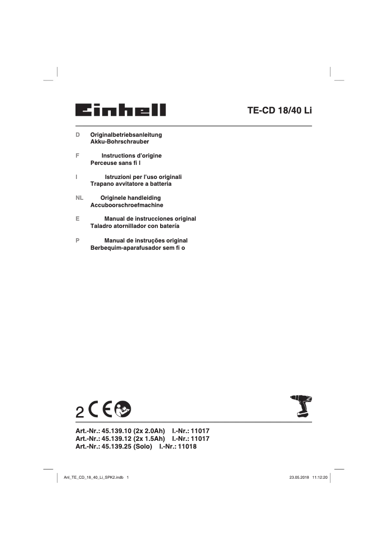 Page 1 de la notice Manuel utilisateur Einhell TE-CD 18/40 Li