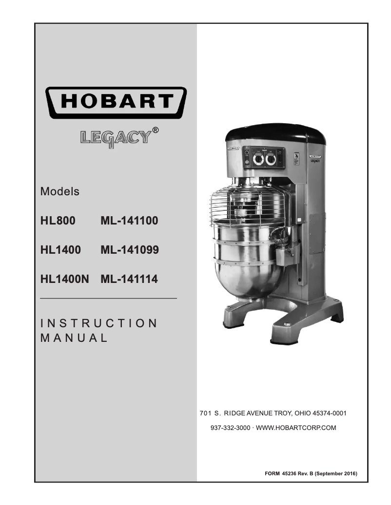 Page 1 de la notice Manuel utilisateur Hobart Legacy+ HL1400
