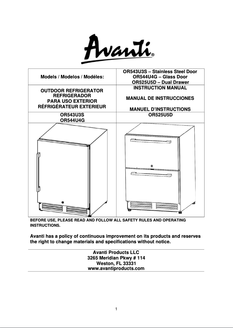 Page 1 de la notice Manuel utilisateur Avanti OR543U3S