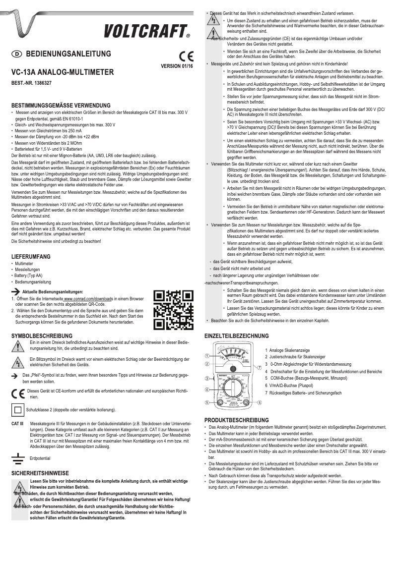 Page 1 de la notice Manuel utilisateur Voltcraft VC-13A