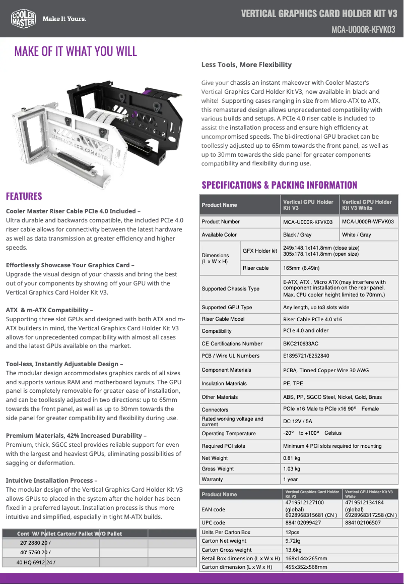 Page n°1 - Fiche technique Cooler Master Vertical Graphics Card Holder Kit V3