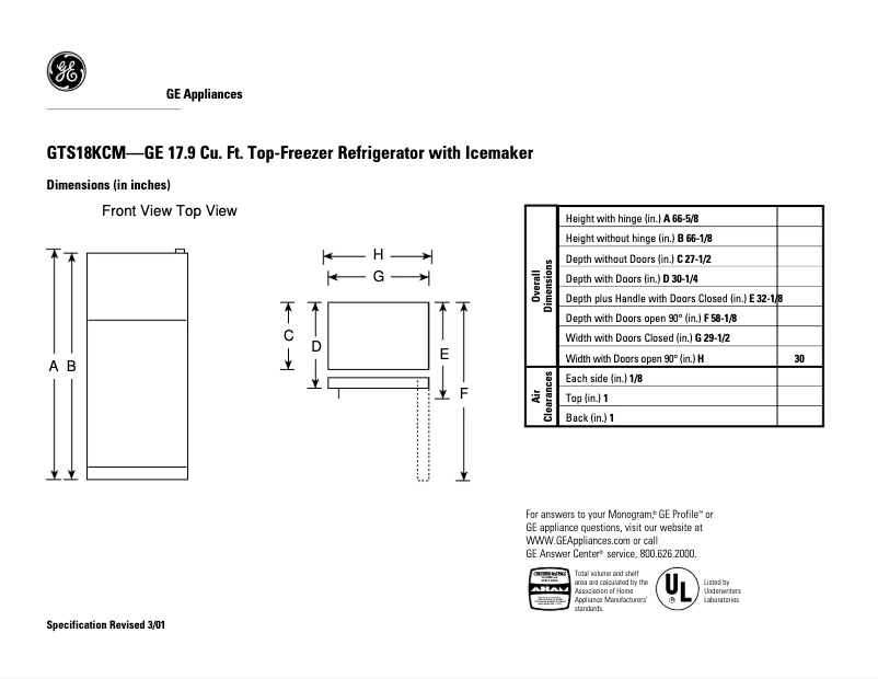 Page 1 de la notice Fiche technique GE GTS18KCMBB