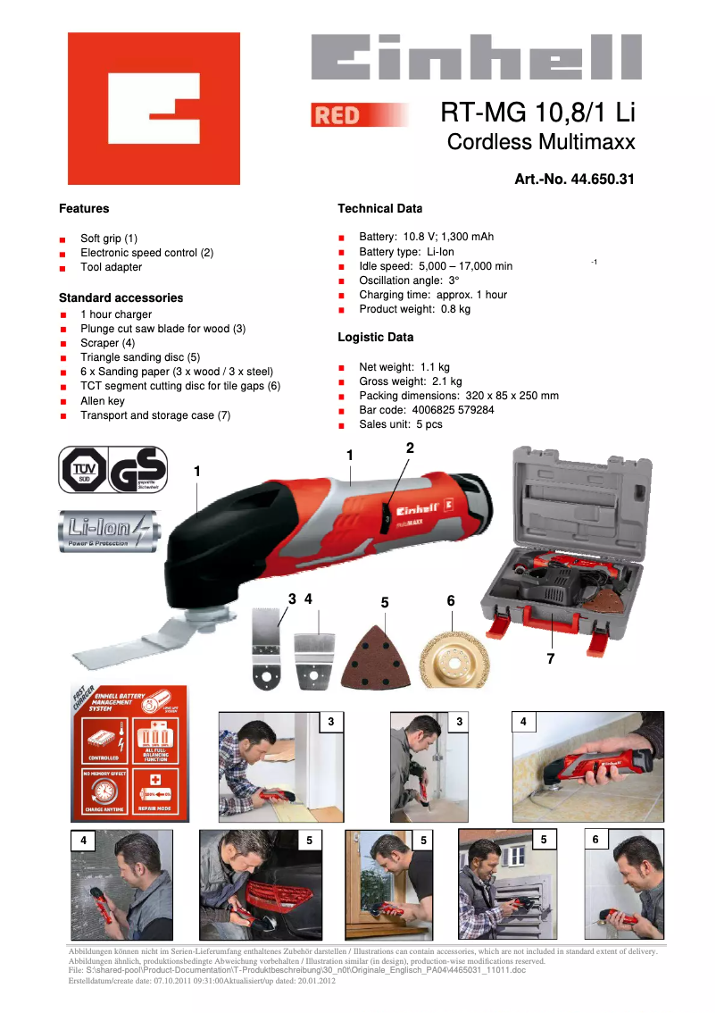 Page 1 de la notice Fiche technique Einhell TE-MG 12 Li