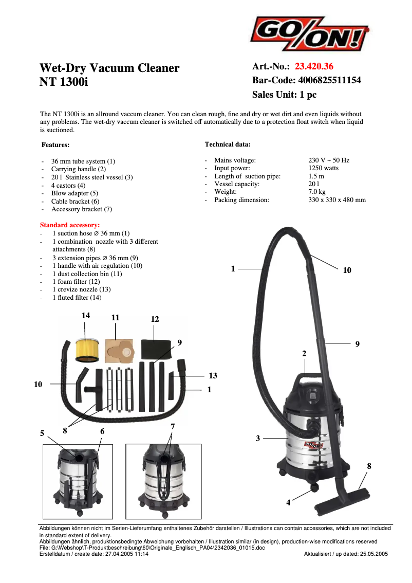 Página 1 del manual Ficha técnica GO/ON VM1220S