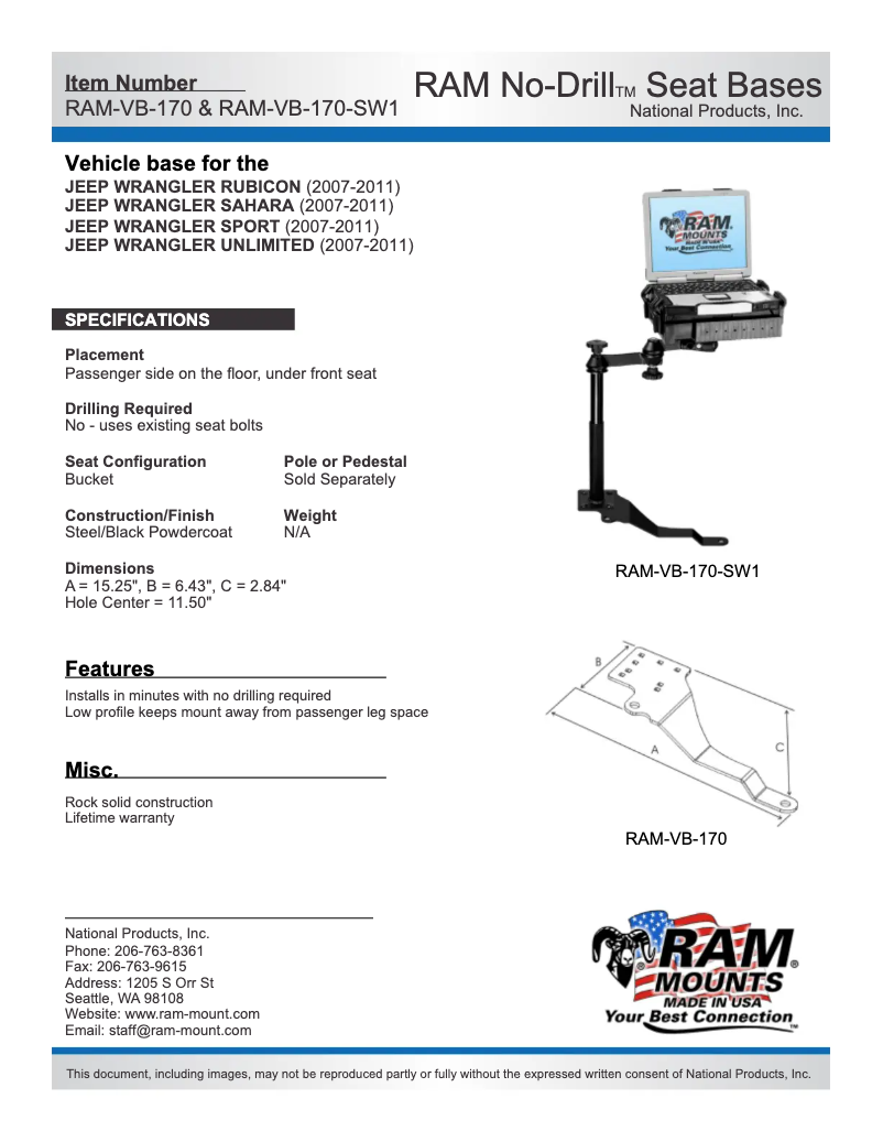 Page 1 de la notice Manuel utilisateur RAM Mounts No-Drill RAM-VB-109