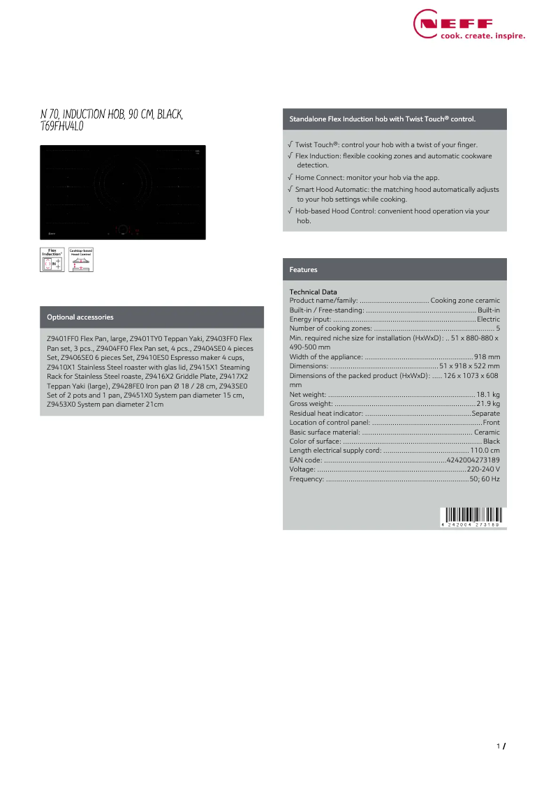 Page 1 de la notice Fiche technique Neff T69FHV4L0