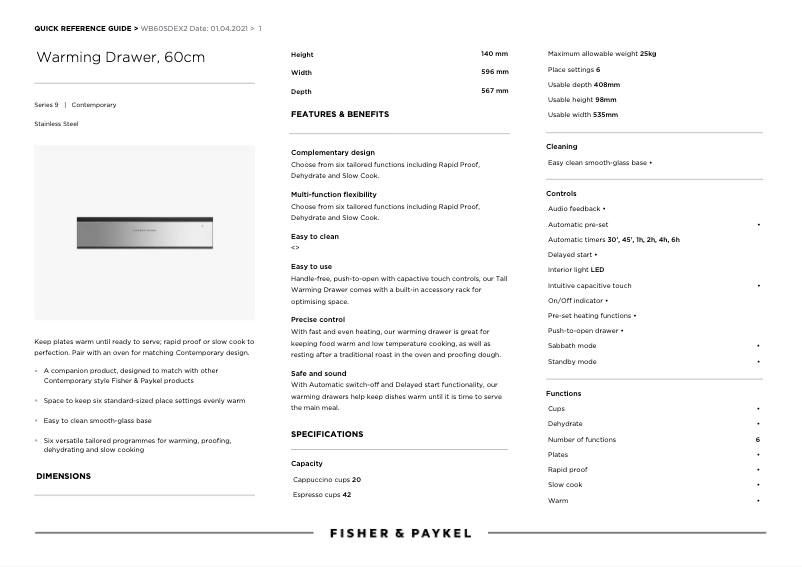 Page n°1 - Fiche technique Fisher & Paykel WB60SDEX2