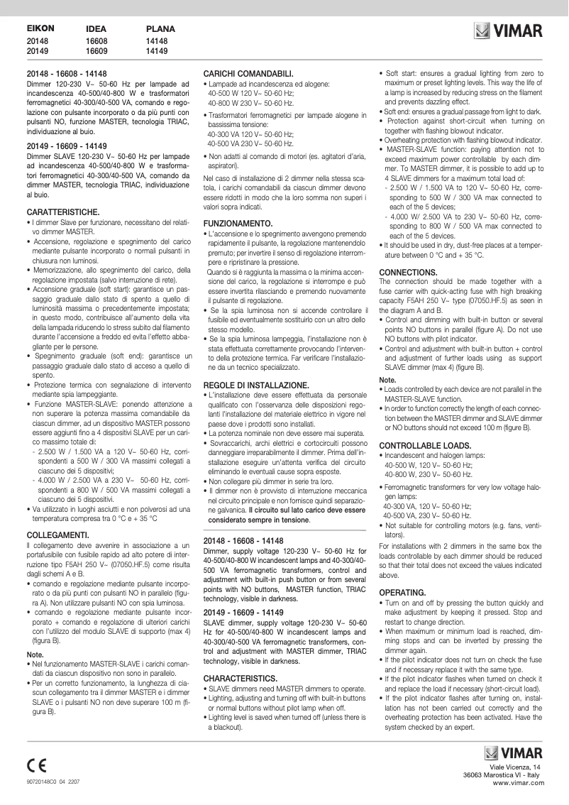 Page n°1 - Manuel utilisateur Vimar 14148.SL