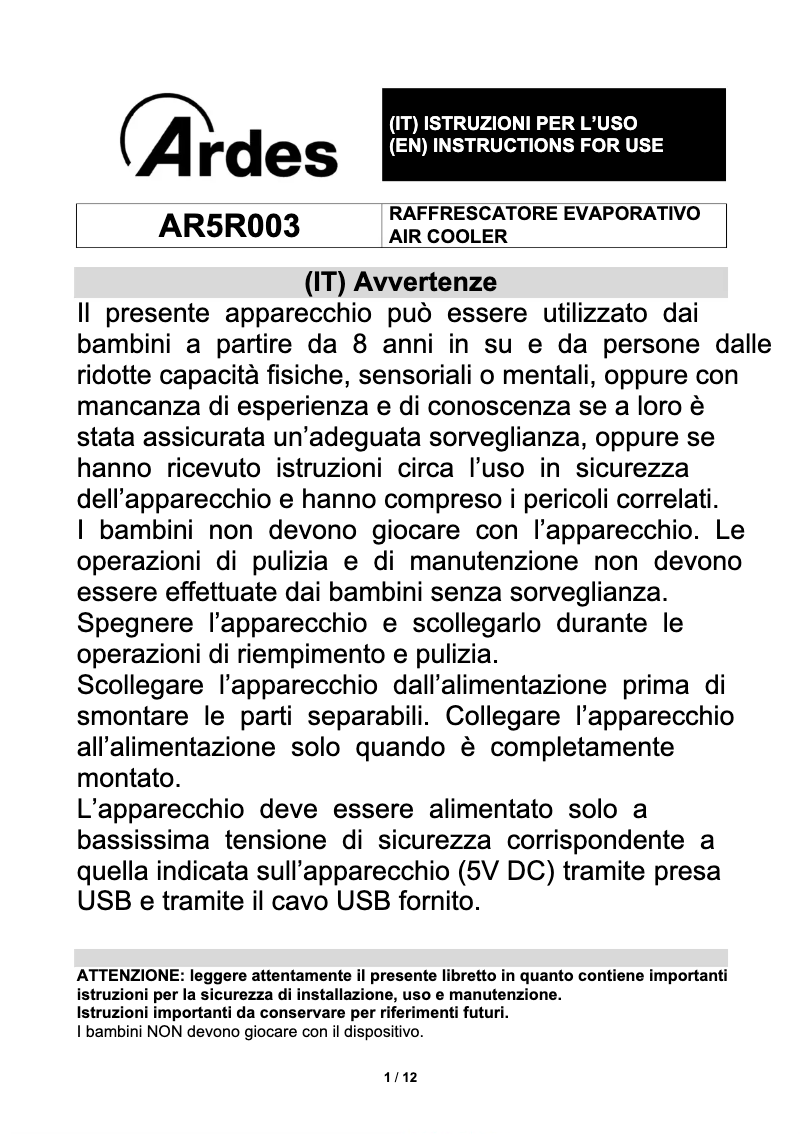 Page 1 de la notice Manuel utilisateur Ardes AR5R003