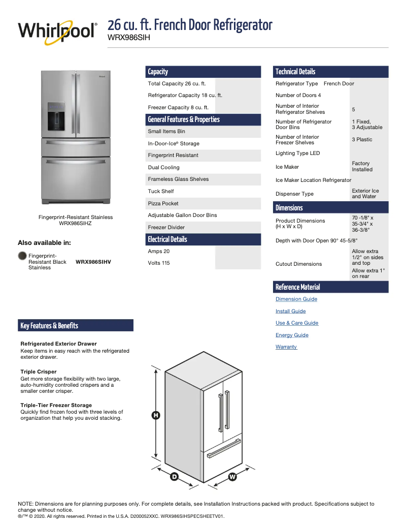 Page 1 de la notice Fiche technique Whirlpool WRX986SIHV