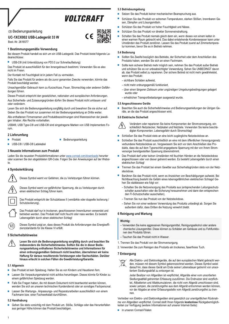 Page 1 de la notice Manuel utilisateur Voltcraft UC-1XCX002