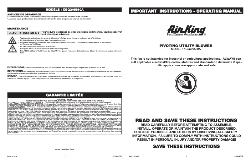 Page 1 de la notice Manuel utilisateur Air King 9550