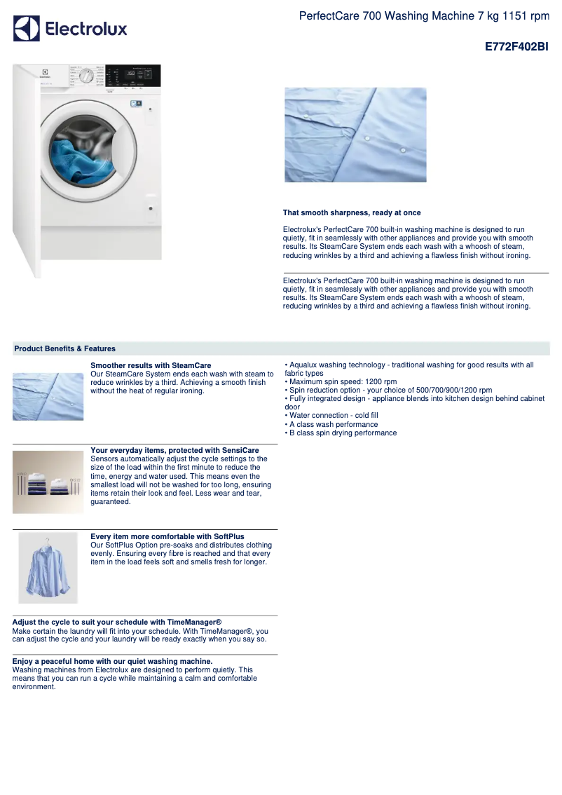 Page 1 de la notice Fiche technique Electrolux E772F402BI