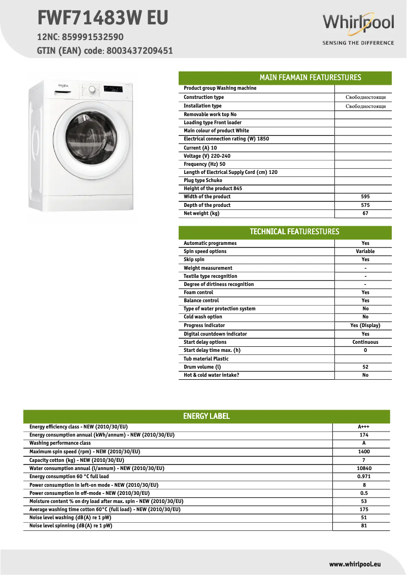 Page n°1 - Fiche technique Whirlpool FWF71483W EU