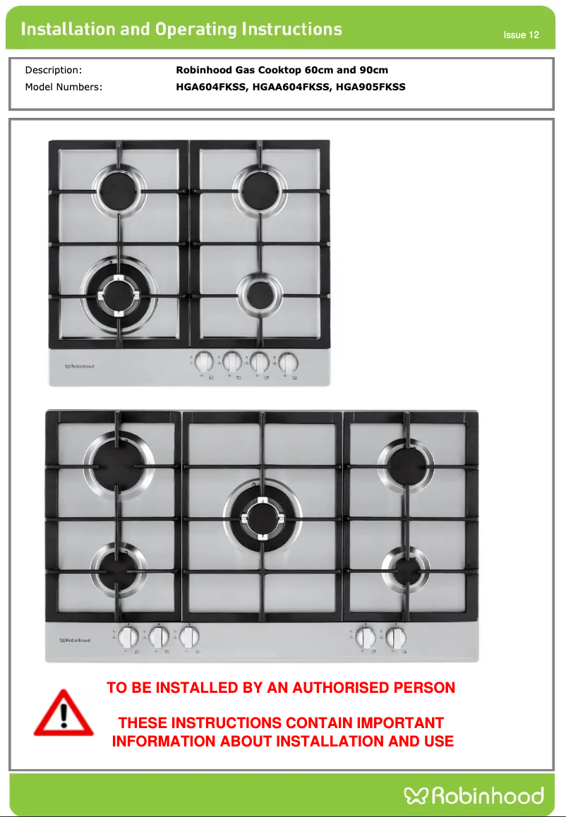 Page 1 de la notice Instructions / montage Robinhood HGA604FKSS