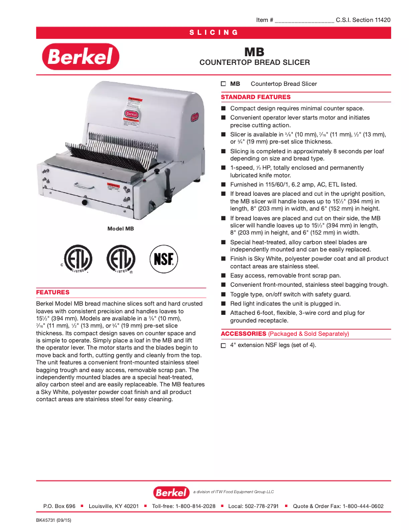 Page 1 de la notice Fiche technique Berkel MB3-4STD