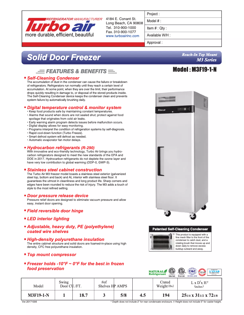 Page 1 de la notice Fiche technique Turbo air M3F19-1