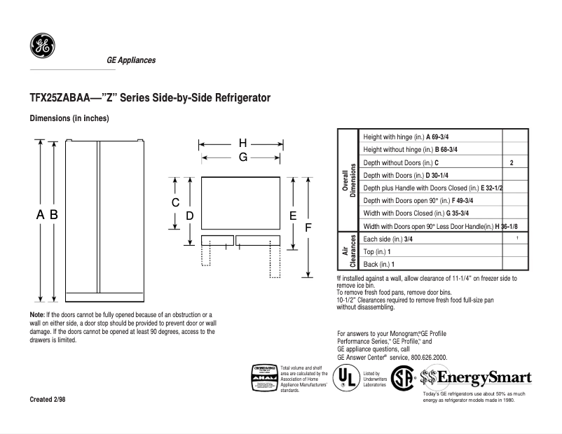 Página 1 del manual Ficha técnica GE TFX25ZABAA