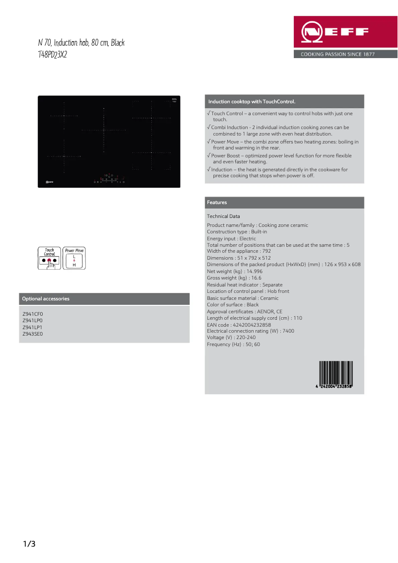 Page 1 de la notice Fiche technique Neff T48PD23X2