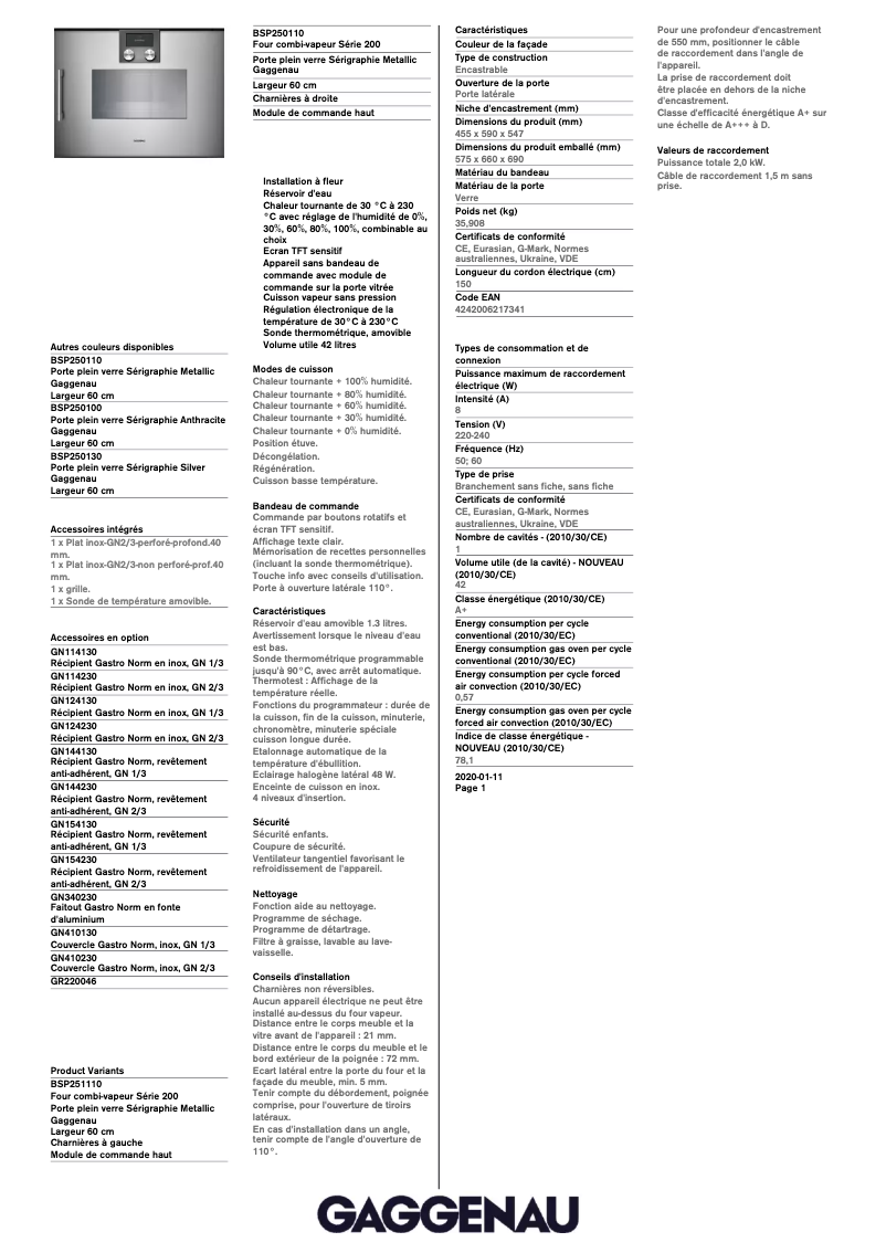 Page n°1 - Fiche technique Gaggenau BSP250110