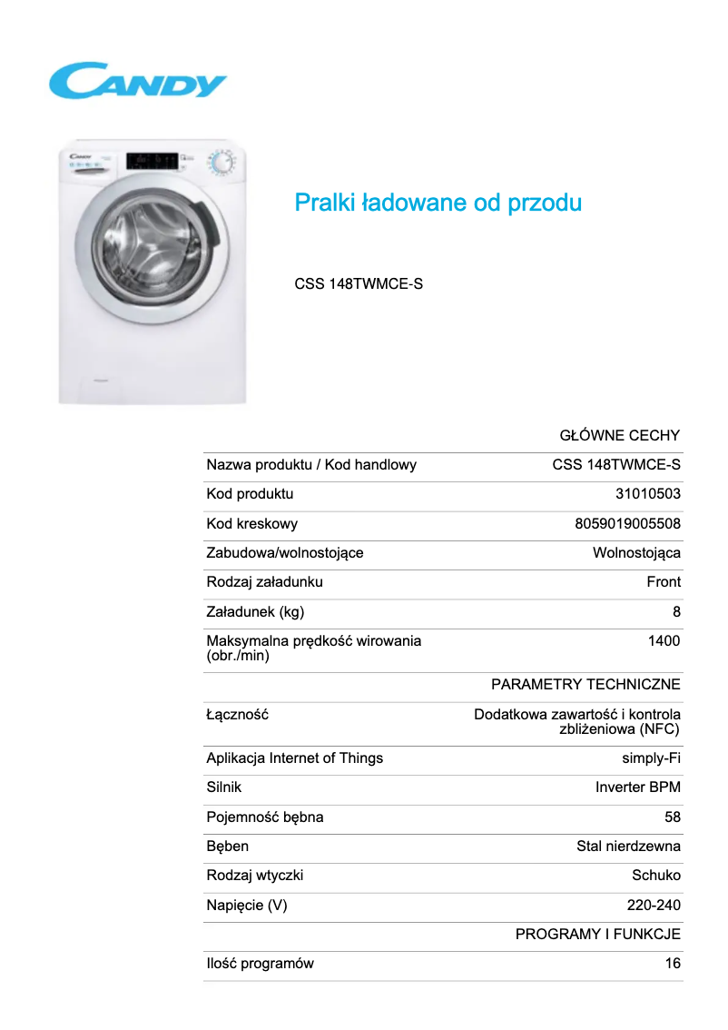 Page 1 de la notice Fiche technique Candy CSS 148TWMCE-S