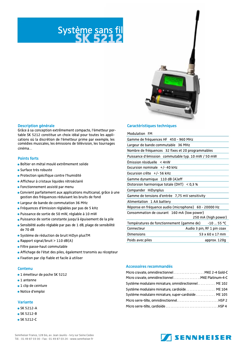 Page 1 de la notice Fiche technique Sennheiser SK 5212