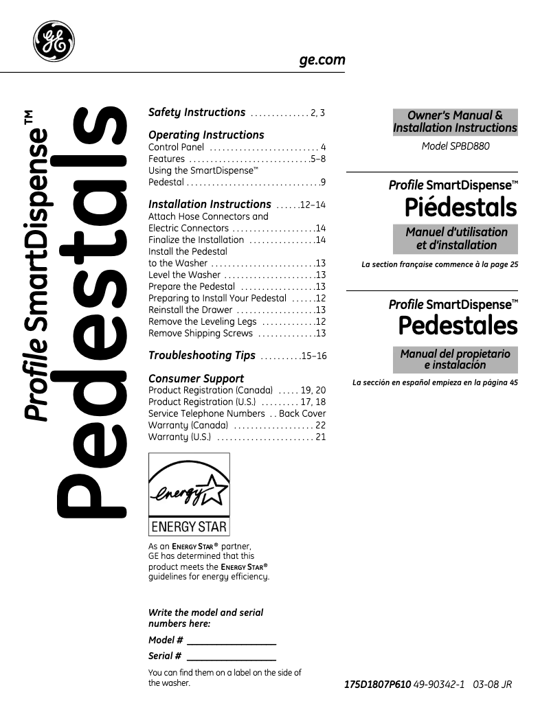 Page 1 de la notice Manuel utilisateur GE Profile SPBD880JMG
